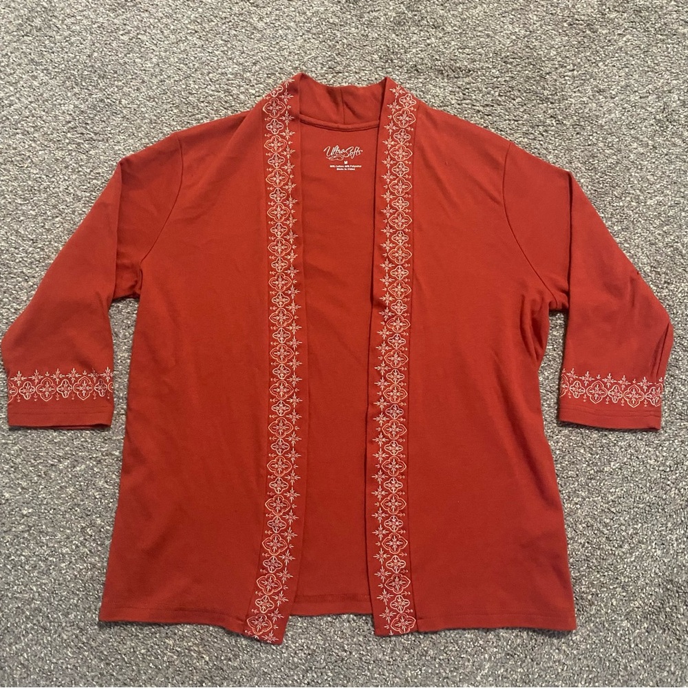 Ultra Soft Womens Medium Orange Embroidered Open Front Cardigan EUC